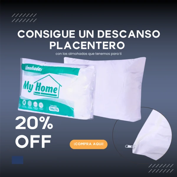 Almohada siliconada marca My Home tamaño 50x70, con empaque y cierre, en promoción del 20% de descuento.