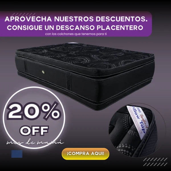 Colchón Pillow Top Master Dominic, tapizado negro con diseño acolchado premium, etiqueta visible y 20% de descuento por el mes de mamá.