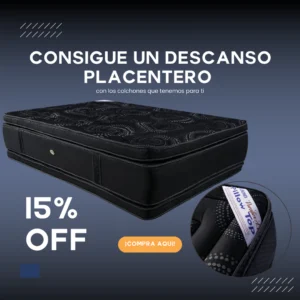 Colchón negro tipo pillow-top con diseño ergonómico y detalles circulares, en promoción con 15% de descuento.