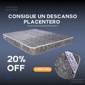 Colchón Sensaflex con diseño geométrico en tonos grises, etiqueta visible y costuras blancas, en promoción del 20% de descuento.