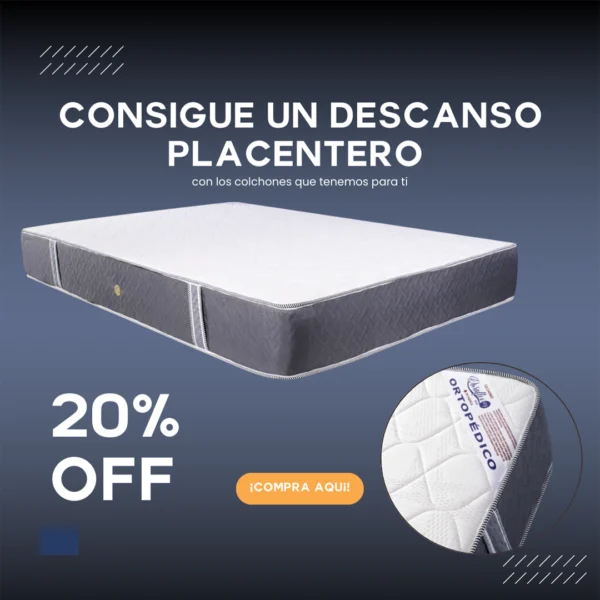 Colchón Sun ortopédico con superficie blanca y laterales grises, diseño acolchado y etiqueta visible, en promoción del 20% de descuento.