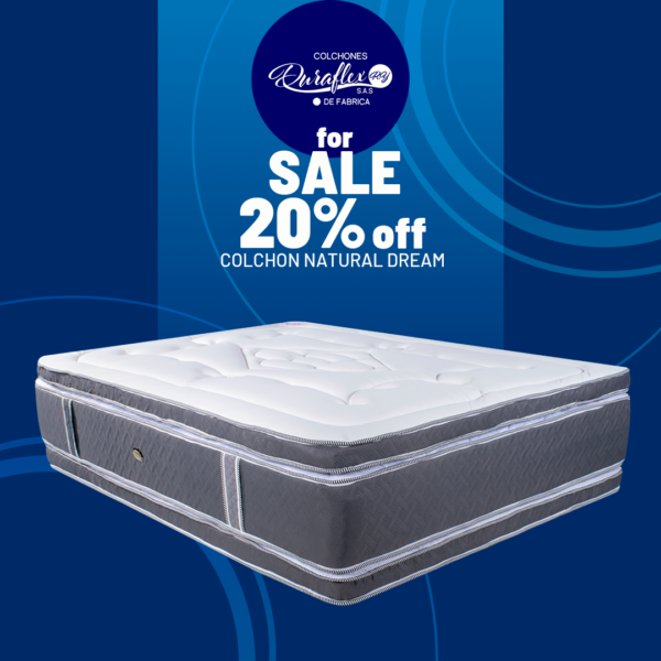 Colchón Pillow Top Luna Llena, diseño gris y blanco con acolchado de lujo, etiqueta visible y 20% de descuento por el mes de mamá.