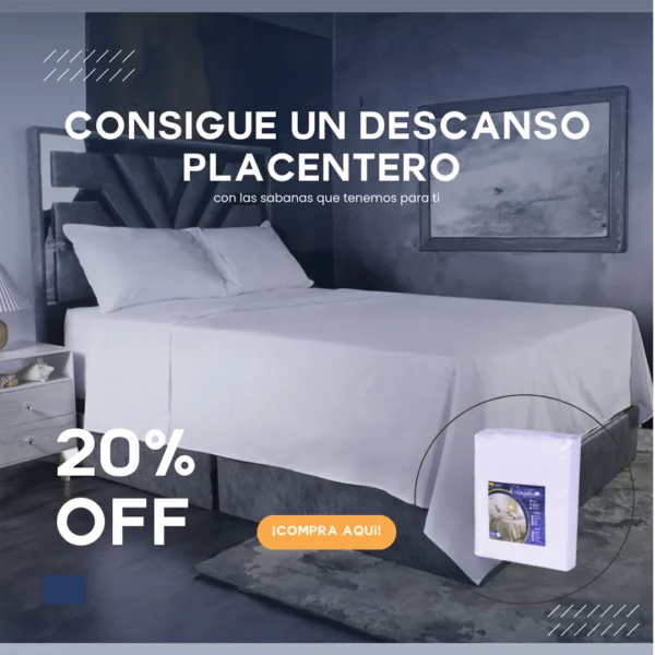 Juego de sábanas blancas High Quality sobre cama elegante con cabecero oscuro, empaque visible y 20% de descuento.