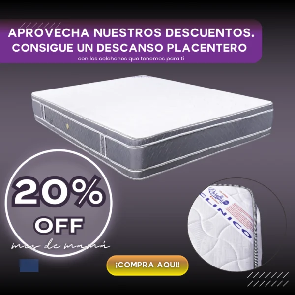 Colchón ortopédico clínico MERCURIO, superficie blanca acolchada y laterales grises con etiqueta visible, promoción 20% OFF mes de mamá.