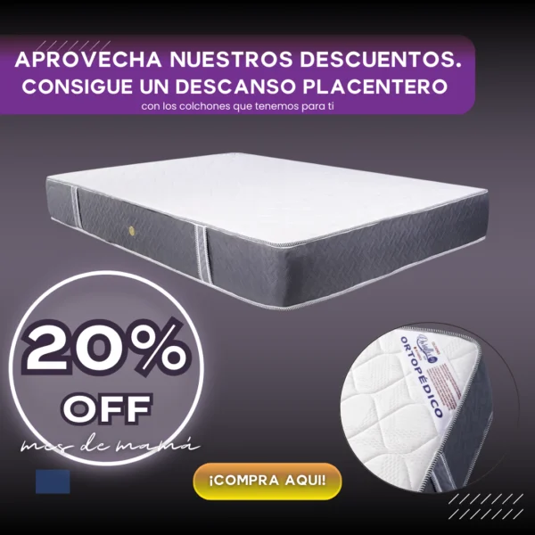 Colchón ortopédico SUN con superficie blanca acolchada y laterales grises, promoción 20% OFF por el mes de mamá.