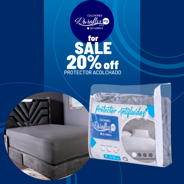 Protector acolchado antifluido en color gris para colchón, con empaque visible y promoción del 20% de descuento.