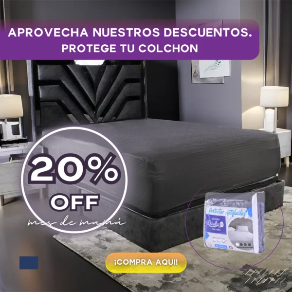 Protector acolchado de colchón impermeable en color oscuro con 20% de descuento por el mes de mamá, en habitación moderna.